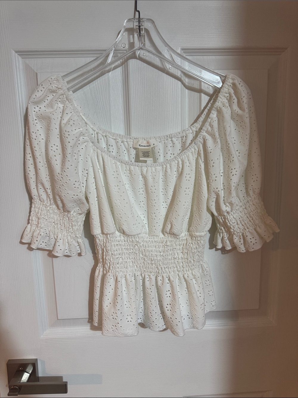Romantic White Eyelet Puff-Sleeve Smocked Peplum Top